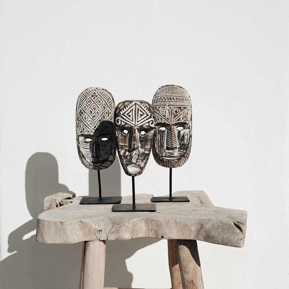 Wooden Masks On Stand (Set of 3)