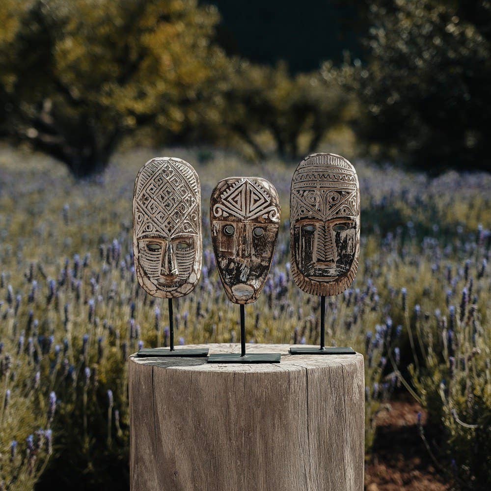 Wooden Masks On Stand (Set of 3)