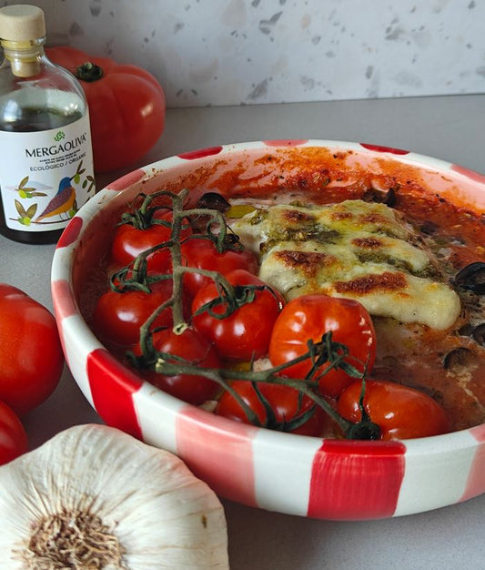 Gegratineerde kabeljauw in tomatensaus