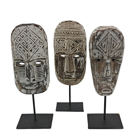 Wooden Masks On Stand (Set of 3)